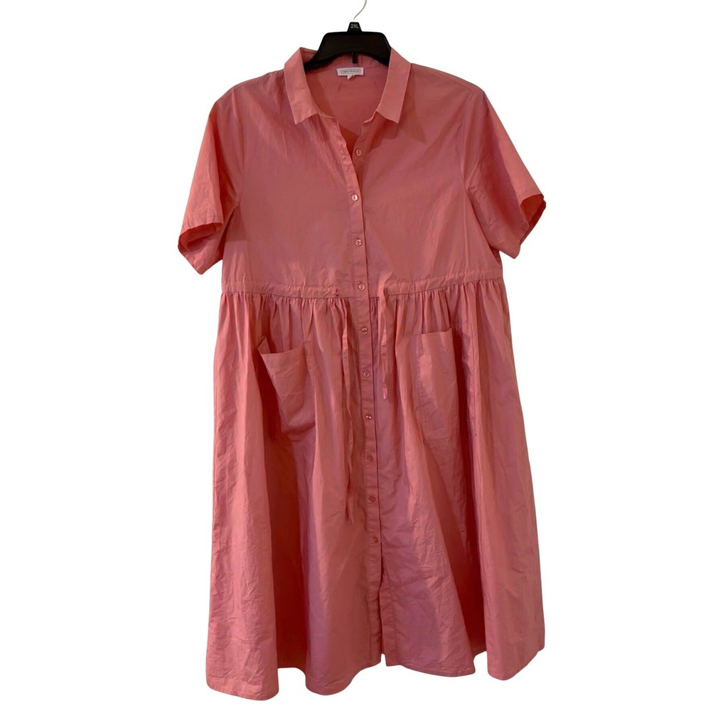 SweetSalt Pink Cotton Button Front Empire Waist Midi Dress Pockets Womens Large